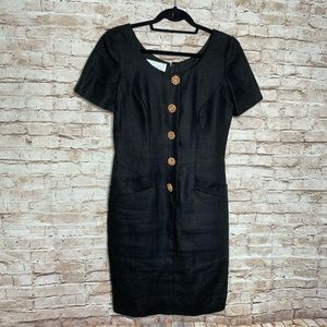 Vintage Santa Fe black linen sheath dress sz 4 button accents